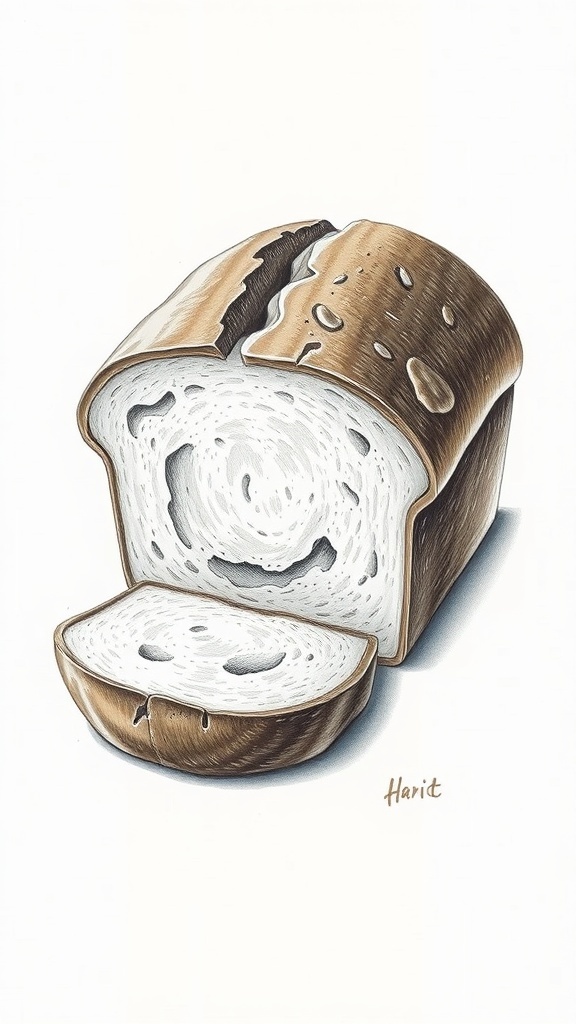 A realistic 3D drawing of a loaf of bread with detailed texture and shading.